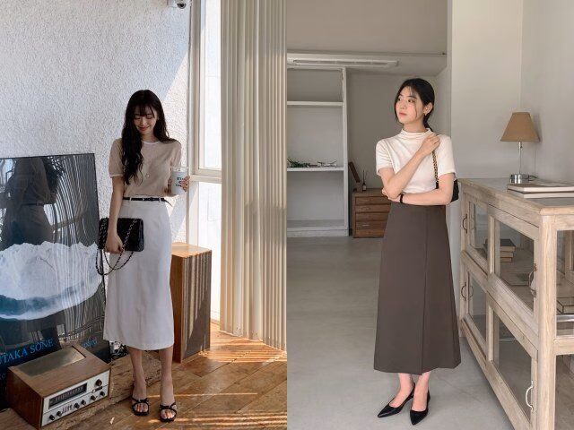 Đơn giản nhưng hiệu quả, áo thun mix cùng chân váy suông và sneaker là công thức "bất bại" cho mọi cô nàng.