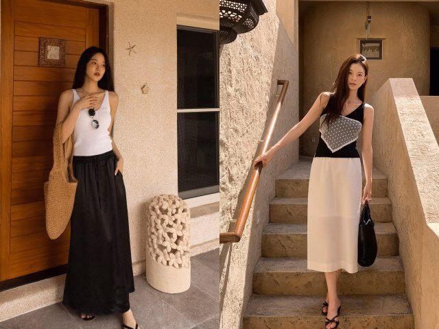 Áo blouse với các chi tiết bèo nhún giúp set đồ có điểm nhấn hơn, xóa tan sự đơn điệu của dáng váy suông.
