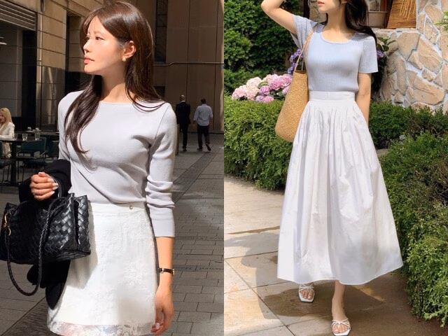 Chân váy trắng là item giúp tổng thể trang phục trở nên sáng hơn, nữ tính và mang lại cảm giác cao cấp dù cách phối rất đơn giản.